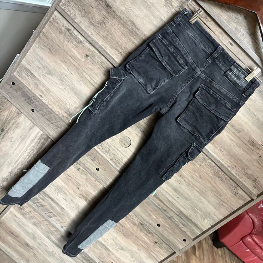 Serenede 28 Black Cargo Skinny Jeans Turquoise Patches Bungees Sporty Edgy Punk - Picture 6 of 14